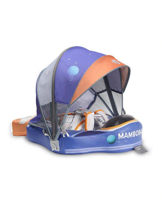 Mambobaby Chest Float Swimming Tube-Air Free Foam Design with 5 Point Safety Harness & 3 Swim Modes, UPF 50+ Detachable 3D Canopy-Upto 18 kg Baby Weight-Astronauts-Blue
