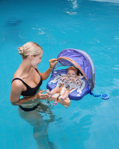 Mambobaby Chest Float Swimming Tube-Air Free Foam Design with 5 Point Safety Harness & 3 Swim Modes, UPF 50+ Detachable 3D Canopy-Upto 18 kg Baby Weight-Astronauts-Blue