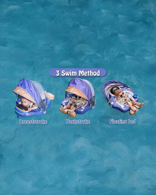 Mambobaby Chest Float Swimming Tube-Air Free Foam Design with 5 Point Safety Harness & 3 Swim Modes, UPF 50+ Detachable 3D Canopy-Upto 18 kg Baby Weight-Astronauts-Blue