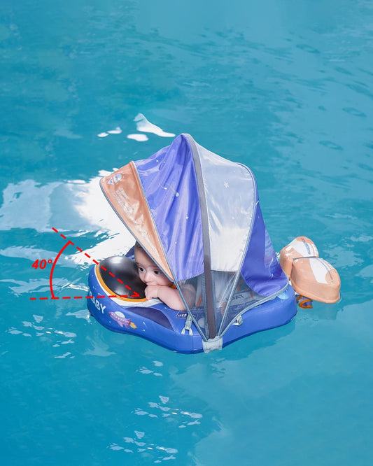 Mambobaby Chest Float Swimming Tube-Air Free Foam Design with 5 Point Safety Harness & 3 Swim Modes, UPF 50+ Detachable 3D Canopy-Upto 18 kg Baby Weight-Astronauts-Blue