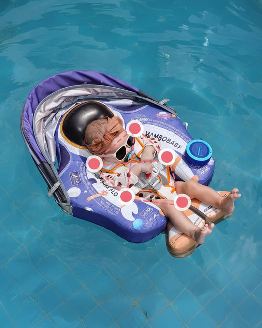Mambobaby Chest Float Swimming Tube-Air Free Foam Design with 5 Point Safety Harness & 3 Swim Modes, UPF 50+ Detachable 3D Canopy-Upto 18 kg Baby Weight-Astronauts-Blue