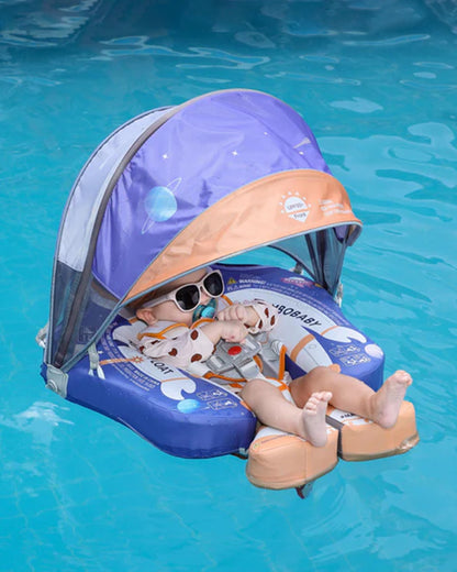 Mambobaby Chest Float Swimming Tube-Air Free Foam Design with 5 Point Safety Harness & 3 Swim Modes, UPF 50+ Detachable 3D Canopy-Upto 18 kg Baby Weight-Astronauts-Blue