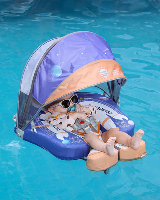 Mambobaby Chest Float Swimming Tube-Air Free Foam Design with 5 Point Safety Harness & 3 Swim Modes, UPF 50+ Detachable 3D Canopy-Upto 18 kg Baby Weight-Astronauts-Blue