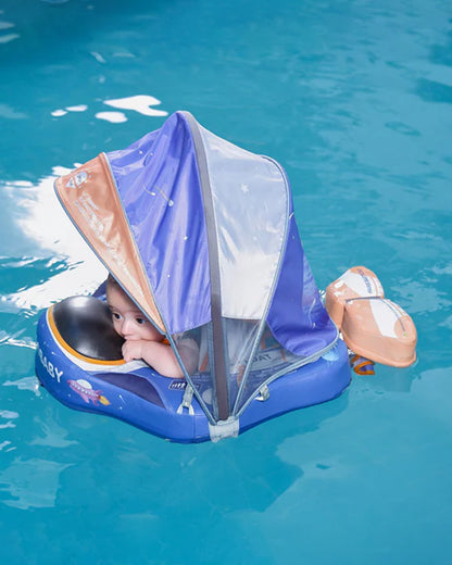 Mambobaby Chest Float Swimming Tube-Air Free Foam Design with 5 Point Safety Harness & 3 Swim Modes, UPF 50+ Detachable 3D Canopy-Upto 18 kg Baby Weight-Astronauts-Blue