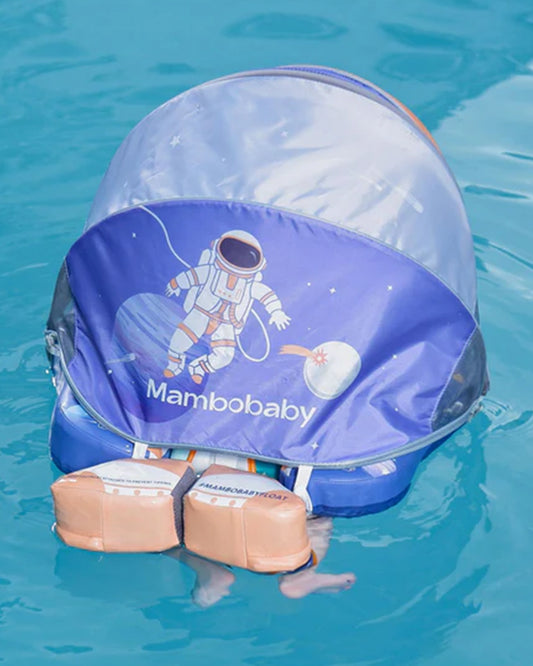 Mambobaby Chest Float Swimming Tube-Air Free Foam Design with 5 Point Safety Harness & 3 Swim Modes, UPF 50+ Detachable 3D Canopy-Upto 18 kg Baby Weight-Astronauts-Blue