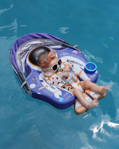 Mambobaby Chest Float Swimming Tube-Air Free Foam Design with 5 Point Safety Harness & 3 Swim Modes, UPF 50+ Detachable 3D Canopy-Upto 18 kg Baby Weight-Astronauts-Blue