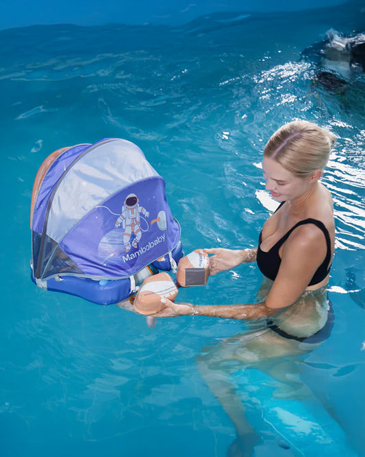 Mambobaby Chest Float Swimming Tube-Air Free Foam Design with 5 Point Safety Harness & 3 Swim Modes, UPF 50+ Detachable 3D Canopy-Upto 18 kg Baby Weight-Astronauts-Blue