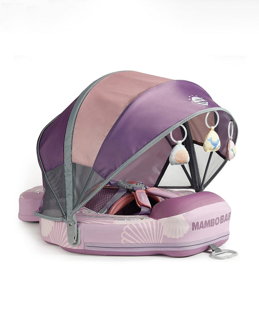 Mambobaby Chest Float Swimming Tube-Air Free Foam Design with 5 Point Safety Harness & 3 Swim Modes, UPF 50+ Detachable 3D Canopy-Seashell-Pink
