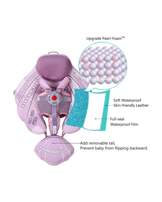 Mambobaby Chest Float Swimming Tube-Air Free Foam Design with 5 Point Safety Harness & 3 Swim Modes, UPF 50+ Detachable 3D Canopy-Seashell-Pink
