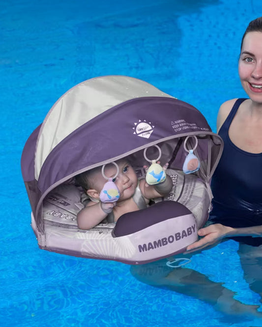 Mambobaby Chest Float Swimming Tube-Air Free Foam Design with 5 Point Safety Harness & 3 Swim Modes, UPF 50+ Detachable 3D Canopy-Seashell-Pink