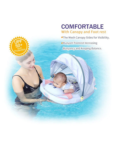 Mambobaby Chest Float Swimming Tube-Air Free Foam Design with 5 Point Safety Harness & 3 Swim Modes, UPF 50+ Detachable 3D Canopy-Convertible Front Carry Belt-Upto 18 kg Baby Weight-Mama Elephant-Blue