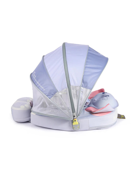 Mambobaby Chest Float Swimming Tube-Air Free Foam Design with 5 Point Safety Harness & 3 Swim Modes, UPF 50+ Detachable 3D Canopy-Convertible Front Carry Belt-Mama Elephant-Blue