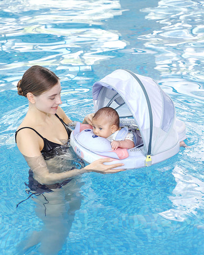 Mambobaby Chest Float Swimming Tube-Air Free Foam Design with 5 Point Safety Harness & 3 Swim Modes, UPF 50+ Detachable 3D Canopy-Convertible Front Carry Belt-Upto 18 kg Baby Weight-Mama Elephant-Blue