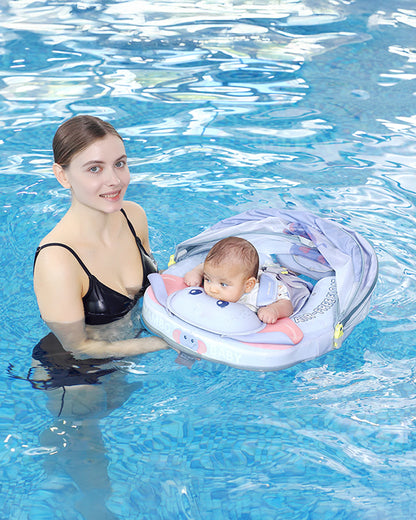 Mambobaby Chest Float Swimming Tube-Air Free Foam Design with 5 Point Safety Harness & 3 Swim Modes, UPF 50+ Detachable 3D Canopy-Convertible Front Carry Belt-Upto 18 kg Baby Weight-Mama Elephant-Blue