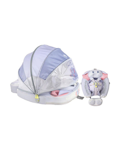 Mambobaby Chest Float Swimming Tube-Air Free Foam Design with 5 Point Safety Harness & 3 Swim Modes, UPF 50+ Detachable 3D Canopy-Convertible Front Carry Belt-Upto 18 kg Baby Weight-Mama Elephant-Blue