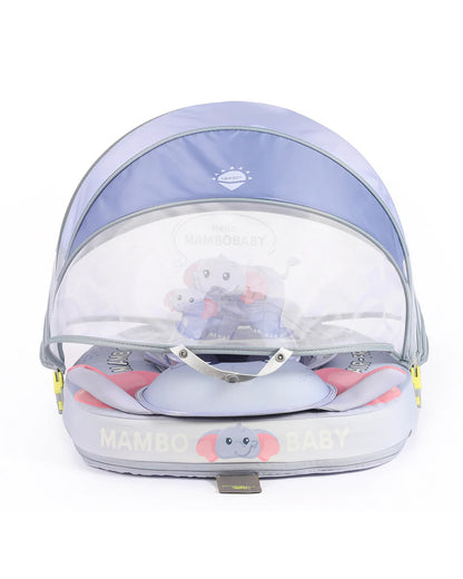 Mambobaby Chest Float Swimming Tube-Air Free Foam Design with 5 Point Safety Harness & 3 Swim Modes, UPF 50+ Detachable 3D Canopy-Convertible Front Carry Belt-Upto 18 kg Baby Weight-Mama Elephant-Blue