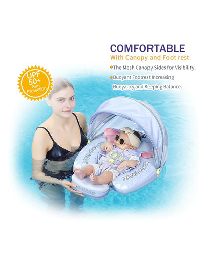 Mambobaby Chest Float Swimming Tube-Air Free Foam Design with 5 Point Safety Harness & 3 Swim Modes, UPF 50+ Detachable 3D Canopy-Convertible Front Carry Belt-Upto 18 kg Baby Weight-Mama Elephant-Blue