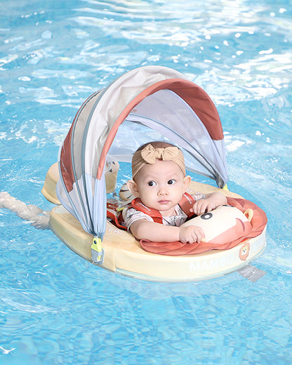 Mambobaby Chest Float Swimming Tube-Air Free Foam Design with 5 Point Safety Harness & 3 Swim Modes, UPF 50+ Detachable 3D Canopy-Convertible Front Carry Belt-Upto 18 kg Baby Weight-Papa Lion-Yellow