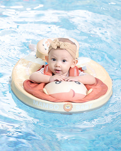 Mambobaby Chest Float Swimming Tube-Air Free Foam Design with 5 Point Safety Harness & 3 Swim Modes, UPF 50+ Detachable 3D Canopy-Convertible Front Carry Belt-Upto 18 kg Baby Weight-Papa Lion-Yellow