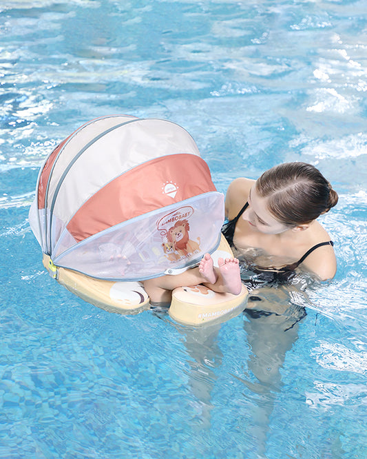 Mambobaby Chest Float Swimming Tube-Air Free Foam Design with 5 Point Safety Harness & 3 Swim Modes, UPF 50+ Detachable 3D Canopy-Convertible Front Carry Belt-Papa Lion-Yellow