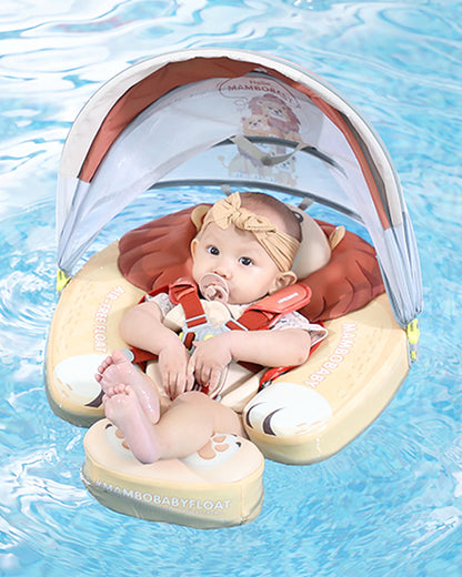 Mambobaby Chest Float Swimming Tube-Air Free Foam Design with 5 Point Safety Harness & 3 Swim Modes, UPF 50+ Detachable 3D Canopy-Convertible Front Carry Belt-Upto 18 kg Baby Weight-Papa Lion-Yellow