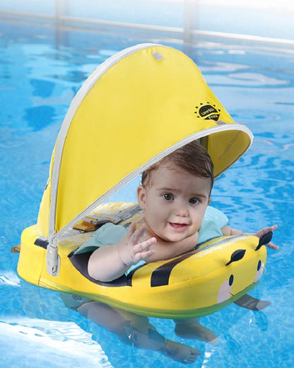 Mambobaby Swimming Waist Float-Air Free Foam Design with Crotch Strap & Double Lock Mechanism with UPF 50+ Detachable 3D Canopy-Upto 18 kg Baby Weight-Bee-Yellow