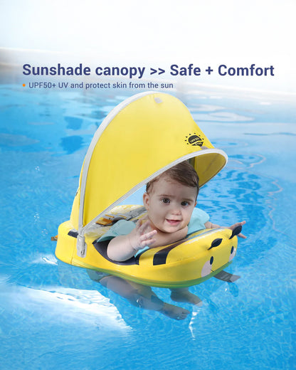 Mambobaby Swimming Waist Float-Air Free Foam Design with Crotch Strap & Double Lock Mechanism with UPF 50+ Detachable 3D Canopy-Upto 18 kg Baby Weight-Bee-Yellow