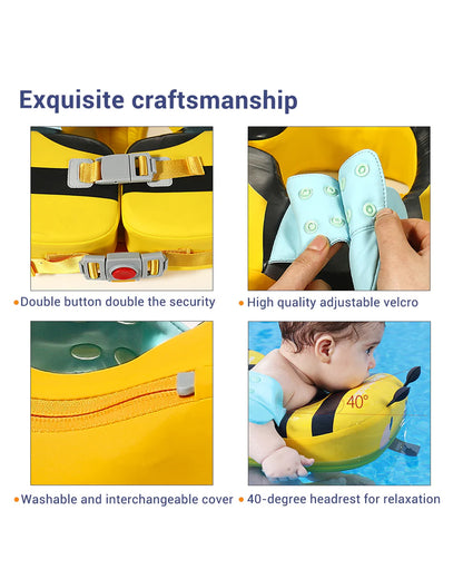 Mambobaby Swimming Waist Float-Air Free Foam Design with Crotch Strap & Double Lock Mechanism with UPF 50+ Detachable 3D Canopy-Upto 18 kg Baby Weight-Bee-Yellow