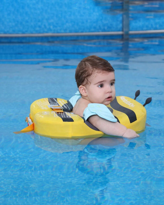 Mambobaby Swimming Waist Float-Air Free Foam Design with Crotch Strap & Double Lock Mechanism with UPF 50+ Detachable 3D Canopy-Upto 18 kg Baby Weight-Bee-Yellow