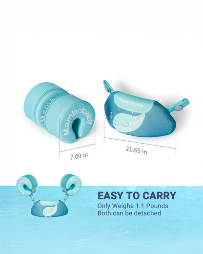 Mambobaby Swimming Armbands-Air Free Foam Design with Safety Lock Buckle & 3 Swim Modes-Detachable Chest Support-For 3 to 8Y-Whale-Green