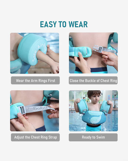 Mambobaby Swimming Armbands-Air Free Foam Design with Safety Lock Buckle & 3 Swim Modes-Detachable Chest Support-For 3 to 8Y-Whale-Green