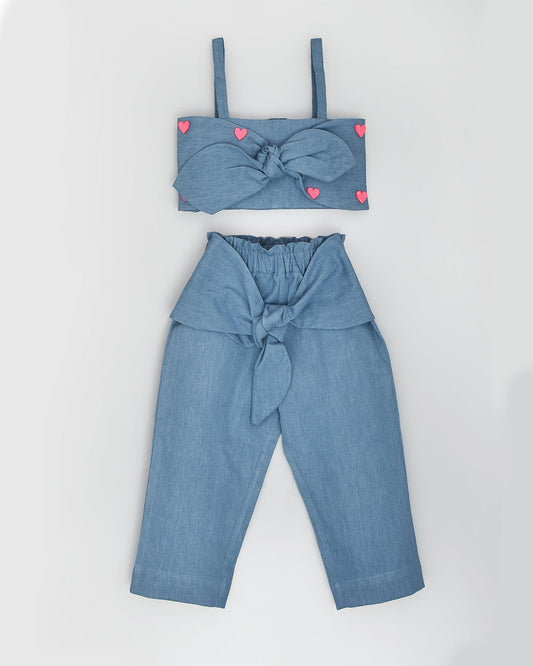 La dee da Blue Top & Pants-Embellished-Denim-For Infants