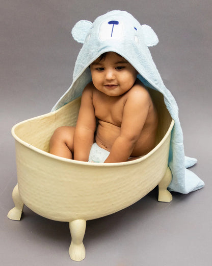 Kicks & Crawl Hooded Baby Bath Towel-100% Terry Cotton-Light Blue-Snowy Bear