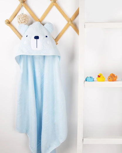 Kicks & Crawl Hooded Baby Bath Towel-100% Terry Cotton-Light Blue-Snowy Bear