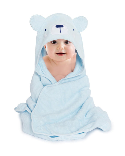 Kicks & Crawl Hooded Baby Bath Towel-100% Terry Cotton-Light Blue-Snowy Bear