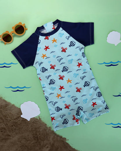 Kicks & Crawl Cyan Blue Swim Suit-Under the Sea Print-Polyester-For Infants