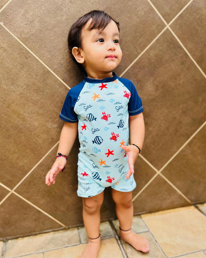 Kicks & Crawl Cyan Blue Swim Suit-Under the Sea Print-Polyester-For Infants