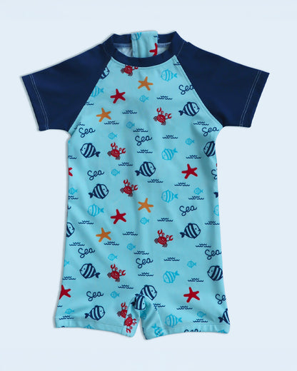 Kicks & Crawl Cyan Blue Swim Suit-Under the Sea Print-Polyester-For Infants