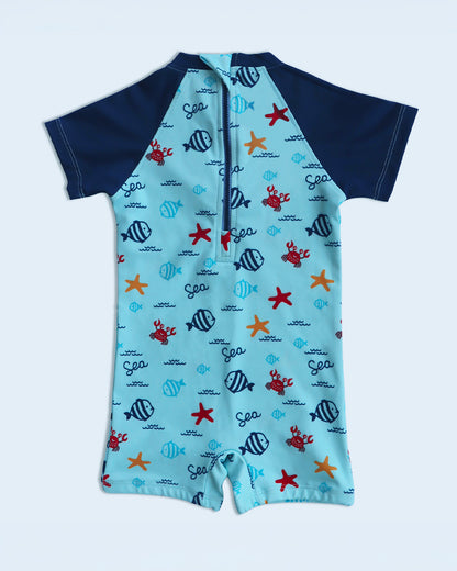 Kicks & Crawl Cyan Blue Swim Suit-Under the Sea Print-Polyester-For Infants