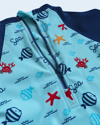 Kicks & Crawl Cyan Blue Swim Suit-Under the Sea Print-Polyester-For Infants