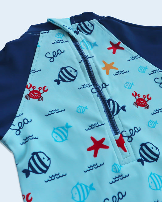 Kicks & Crawl Cyan Blue Swim Suit-Under the Sea Print-Polyester-For Infants