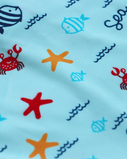 Kicks & Crawl Cyan Blue Swim Suit-Under the Sea Print-Polyester-For Infants