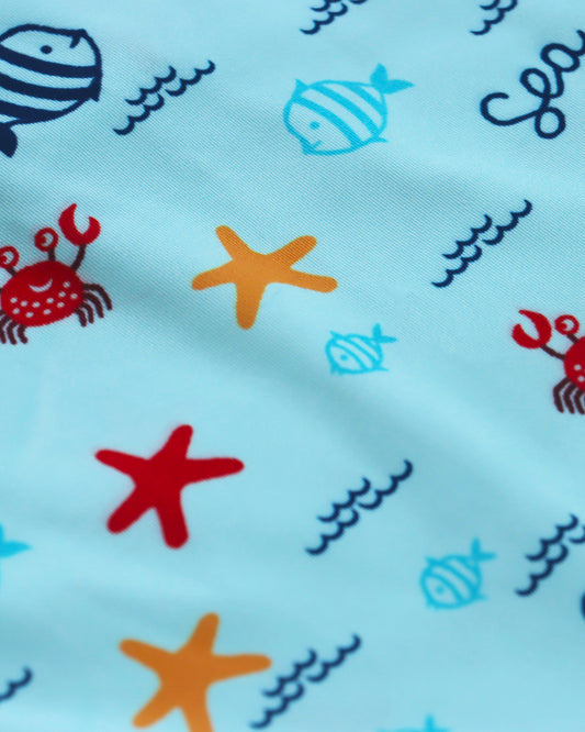 Kicks & Crawl Cyan Blue Swim Suit-Under the Sea Print-Polyester-For Infants
