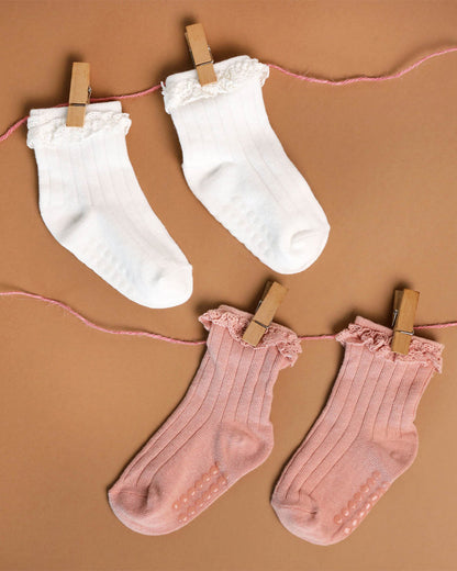 Kicks & Crawl White & Pastel Pink Socks-Solid-Cotton-Pack of 2-For Infants