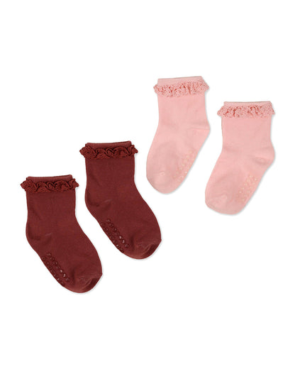Kicks & Crawl White & Maroon Socks-Solid-Cotton-Pack of 2-For Infants