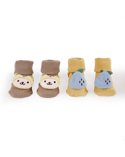 Kicks & Crawl Yellow & Beige Socks-Bear Buddy-Cotton-Pack of 2-For Infants
