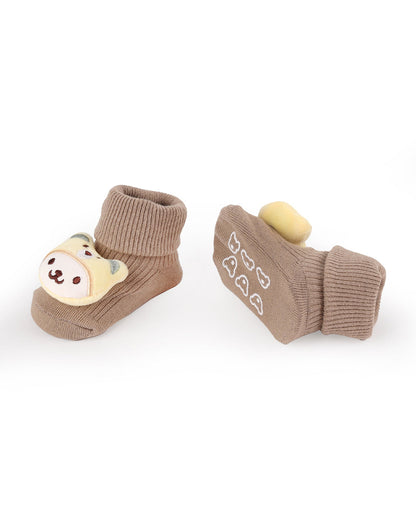 Kicks & Crawl Yellow & Beige Socks-Bear Buddy-Cotton-Pack of 2-For Infants