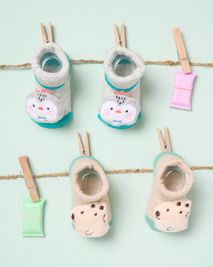 Kicks & Crawl Light Grey & Beige Socks-Wiggly Friends-Cotton-Pack of 2-For Infants