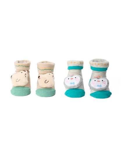 Kicks & Crawl Light Grey & Beige Socks-Wiggly Friends-Cotton-Pack of 2-For Infants