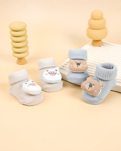 Kicks & Crawl Blue & Off White Socks-Cuddle Puffs-Cotton-Pack of 2-For Infants